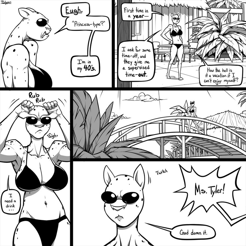 anthro athletic athletic_female big_breasts bikini breasts bridge building cleavage clothed clothing day dialogue disgust ear_twitch eyewear female grumpy hand_on_hip offscreen_character outside solo speech_bubble standing stated_age sunglasses swimwear text two-piece_swimsuit v-cut slypon lyla_(ehs) cheetah felid feline leopard mammal pantherine 1:1 2021 comic english_text monochrome