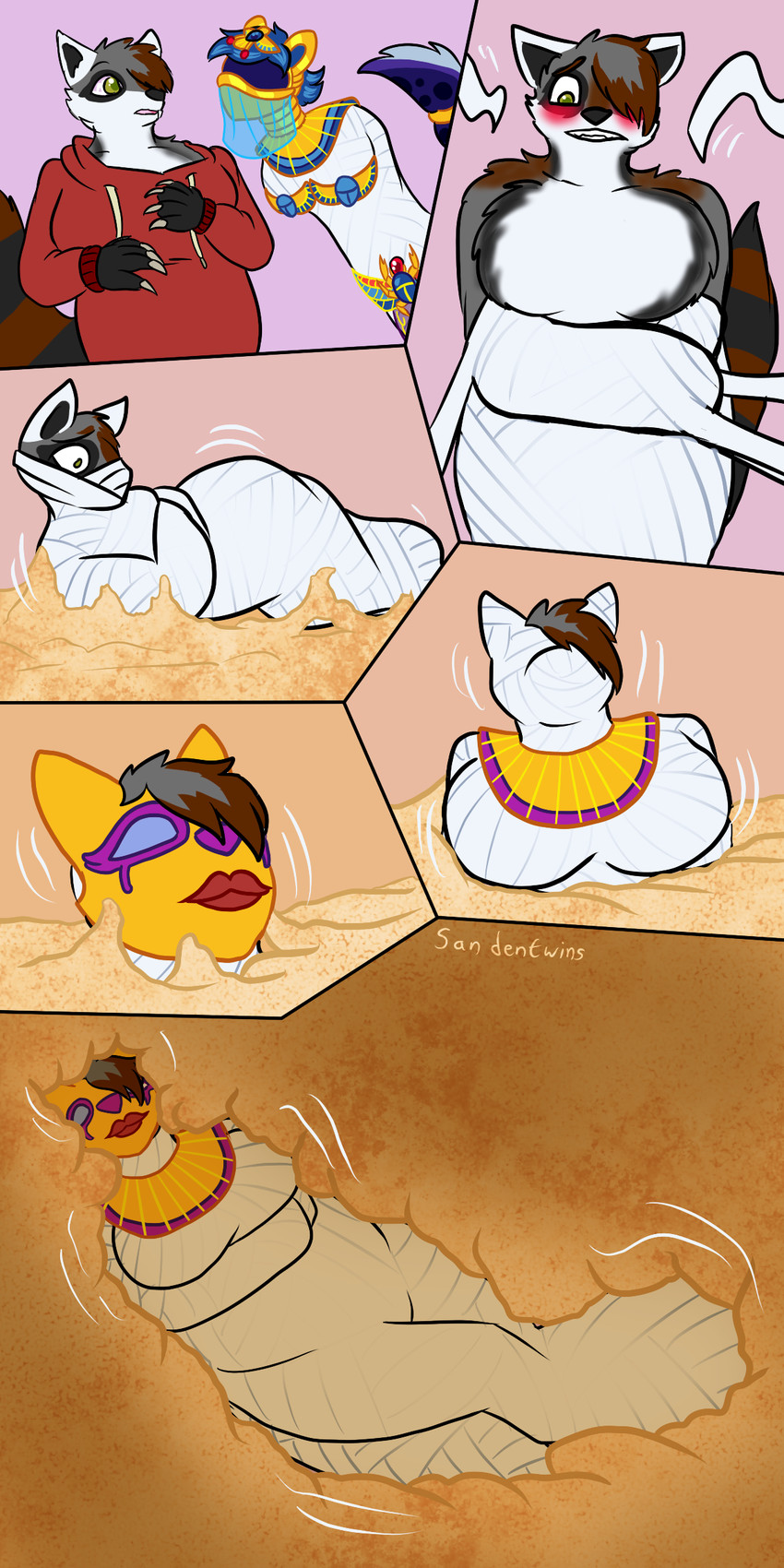 anthro bdsm blush bondage bondage_sequence bound breasts clothing decorative_scarab duo egyptian egyptian_clothing encasement faceless female female/female green_eyes hoodie jewelry mask mummification mummy_wrappings quicksand sand sinking slightly_chubby topwear veil visor sandentwins smidges_(sandentwins) animal_humanoid humanoid mammal mammal_humanoid procyonid raccoon rodent rodent_humanoid sciurid sciurid_humanoid tree_squirrel_humanoid 1:2 absurd_res comic hi_res sequence