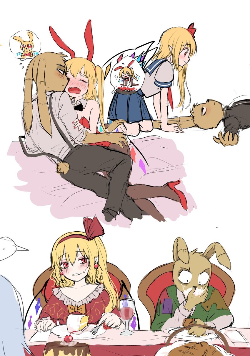 anthro blonde_hair blush breasts clothed clothing duo female hair humor manner red_eyes ribbons romantic romantic_couple short_hair white_body wings himuhino five_nights_at_freddy's five_nights_at_freddy's_4 scottgames touhou flandre_scarlet plushtrap_(fnaf) humanoid lagomorph leporid mammal vampire 2022 digital_media_(artwork) hi_res