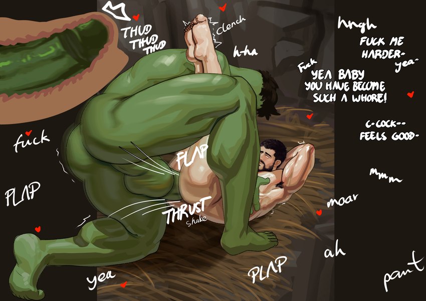 abs anal anal_penetration armpit_hair back_muscles balls beard big_balls big_butt big_dom_small_sub big_muscles big_penis black_hair body_hair butt dominant dominant_humanoid dominant_male duo erection facial_hair from_front_position genitals green_body hair heart_symbol holding_partner human_on_humanoid human_penetrated humanoid_dominating_human humanoid_penetrating humanoid_penetrating_human internal interspecies larger_humanoid larger_male lying male male/male male_penetrated male_penetrating male_penetrating_male missionary_position muscular muscular_human muscular_humanoid muscular_male mustache nude on_back penetration penile penile_penetration penis penis_in_ass sex size_difference smaller_human smaller_male smaller_penetrated submissive submissive_human submissive_male text br_nhyaa human humanoid mammal orc absurd_res english_text hi_res