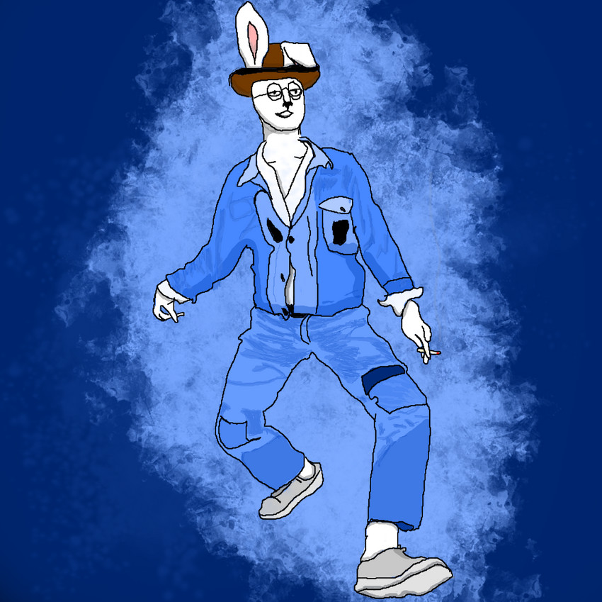 anthro blue_background blue_bottomwear blue_clothing blue_pants bottomwear cigarette clothing fog footwear furry_lennon hat headgear headwear male pants shoes simple_background solo what what_has_magic_done what_has_science_done where_is_your_god_now why phoenix_adverdale john_lennon deity lagomorph mammal colored