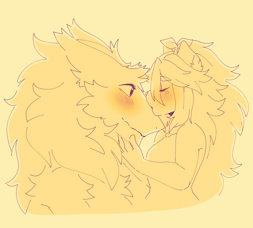 anthro blonde_hair blush duo eyes_closed female hair holding_chin kissing male male/female plant simple_background size_difference stariikat hexareal_sinstolus(hex_sinstolus) starii_sinstolus_(stariikat) domestic_cat felid feline felis mammal sergal absurd_res hi_res