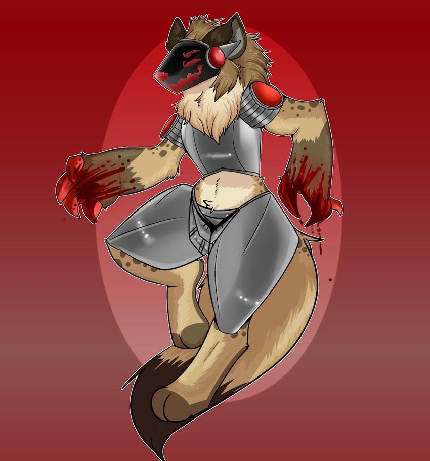 anthro blood bodily_fluids brown_body fur machine male red_eyes screen screen_face simple_background smile solo spots unknown_artist johmn hybrid hyena mammal protogen spotted_hyena