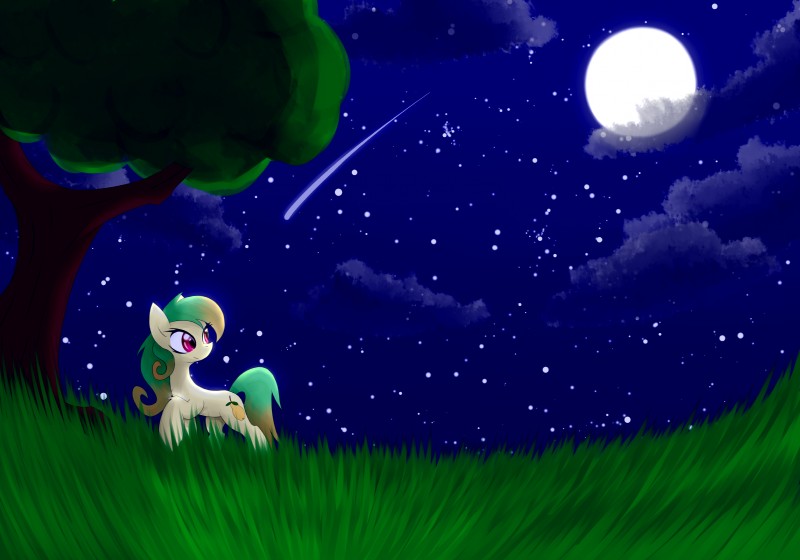 cutie_mark detailed_background eyelashes female feral grass hooves moon night outside plant sky smile solo star starry_sky tree queenbloodysky hasbro my_little_pony fan_character equid mammal absurd_res hi_res