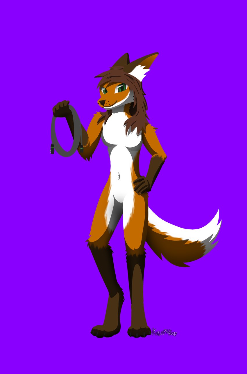 4_toes 5_fingers anthro arm_tuft bottomless bottomless_anthro bottomless_female breasts brown_ears brown_hair brown_hands brown_paws claws clothed clothing countershading dipstick_ears dipstick_tail ear_markings elbow_tuft featureless_breasts featureless_crotch feet female fingers fur fur_markings gloves_(marking) green_eyes hair hand_on_hip hip_fuft holding_cable holding_object inner_ear_fluff leg_markings looking_at_viewer markings monotone_background multicolored_ears navel orange_body orange_fur purple_background shoulder_tuft simple_background smile socks_(marking) solo standing tail tail_markings toes topless topless_anthro topless_female tuft kinipshun michelle_(kinipshun) alderian canid canine fox mammal absurd_res hi_res lineless