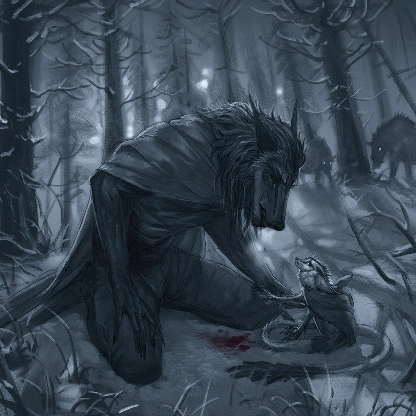 ambiguous_gender blood bodily_fluids clothed clothing detailed_background feral forest group kneeling male night outside plant snow tree wounded young young_feral nukerooster arch_(nukerooster) 1:1 2022 digital_media_(artwork) hi_res female_(lore)