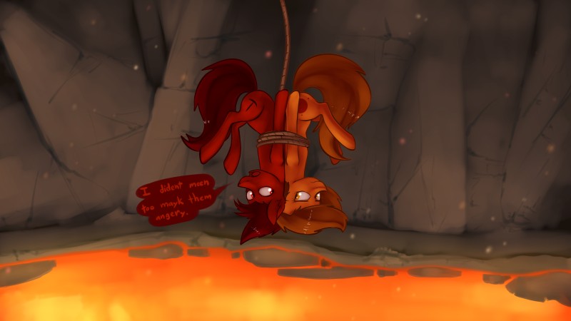 bound dialogue duo female feral lava male peril text upside_down marsminer hasbro my_little_pony fan_character mars_miner venus_spring equid equine horse mammal pony 16:9 2016 absurd_res digital_media_(artwork) english_text engrish hi_res widescreen