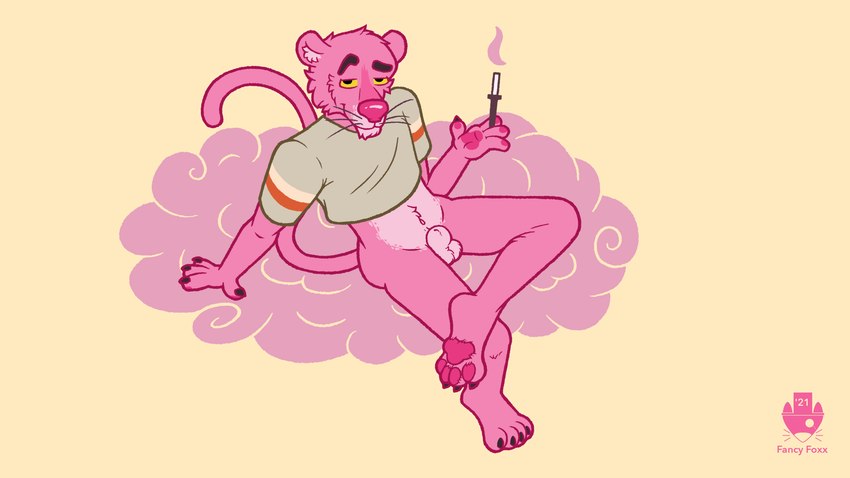 4_fingers 4_toes animal_genitalia anthro balls barefoot biped black_claws bottomless cigarette cigarette_holder cigarette_smoke claws clothed clothing crop_top eyebrows feet fingers flaccid fur genitals half-closed_eyes looking_at_viewer male narrowed_eyes navel pawpads penis pink_body pink_fur pink_nose pink_pawpads plantigrade pose raised_eyebrow seductive sheath shirt simple_background sitting skinny slim smile smoke solo toes topwear whiskers yellow_background yellow_sclera fancy_foxx_(artist) pink_panther_(series) pink_panther felid mammal pantherine 16:9 2021 absurd_res digital_media_(artwork) flat_colors hi_res pinup watermark widescreen