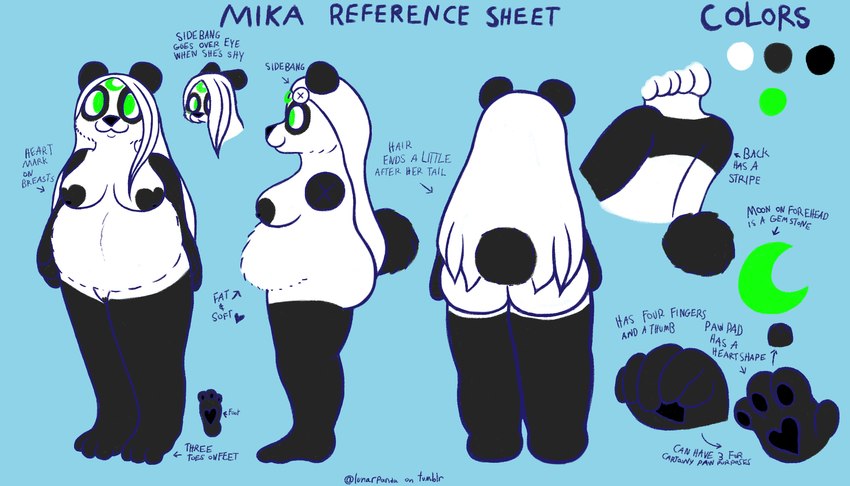 anthro black_body black_fur black_nose breasts female fur fur_markings green_eyes hair markings nipples nude round_ears simple_background slightly_chubby smile solo tail text white_body white_fur white_hair lunarpanda8686 mika_(lunarpanda8686) bear giant_panda mammal 7:4 digital_media_(artwork) english_text hi_res model_sheet