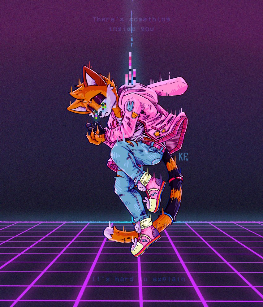 1990s_theme anthro bodily_fluids bottomwear bunny_costume clothing costume crying denim denim_bottomwear denim_clothing footwear jacket jeans laser lights male pants pink_clothing pink_sneakers pixelated shoes sneakers solo synthwave tail tears topwear katxfish katxlogan domestic_cat felid feline felis mammal absurd_res hi_res