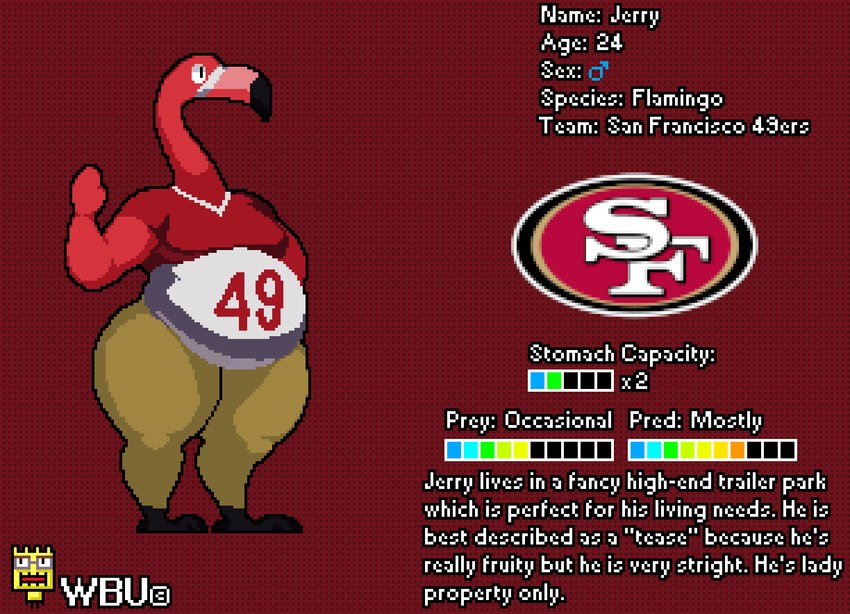 anthro beak belly clothing feet logo male moobs number_on_clothing overweight pink_body simple_background slightly_chubby solo text wbu nfl san_francisco_49ers jerry_(wbu) avian bird flamingo character_name digital_media_(artwork) english_text model_sheet pixel_(artwork)