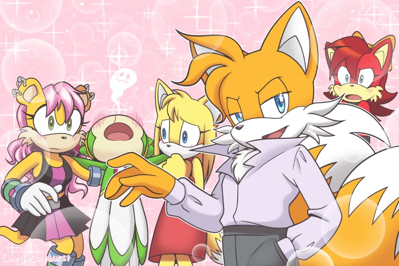 cosmo the seedrian, fiona fox, miles prower, mina mongoose, and zooey the fox (sonic the hedgehog (archie) and etc) created by omegasunburst