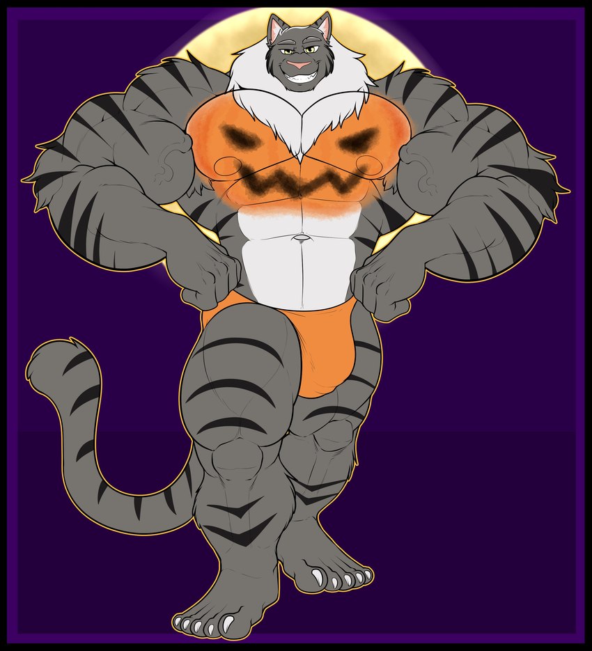 anthro big_muscles clothing flexing_pecs hair huge_muscles hyper hyper_muscles jockstrap male mane mane_hair muscular muscular_anthro muscular_male nipples paint pecs pectober simple_background solo spray_paint stripes underwear arcwuff tony_(historycattony) domestic_cat felid feline felis maine_coon mammal absurd_res hi_res