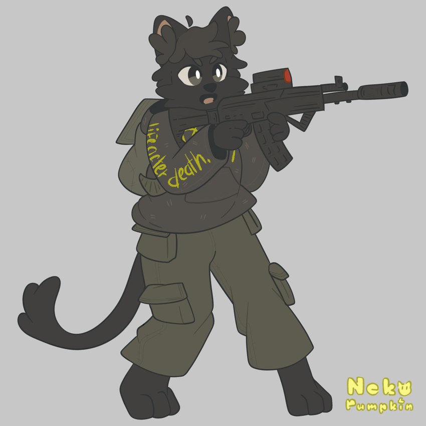 ak-12 anthro black_body black_fur black_nose bottomwear cargo_pants clothing fur hoodie male open_mouth pants solo topwear nekopumpkin escape_from_tarkov andy_(nekopumpkin) scav domestic_cat felid feline felis mammal 1:1 absurd_res hi_res