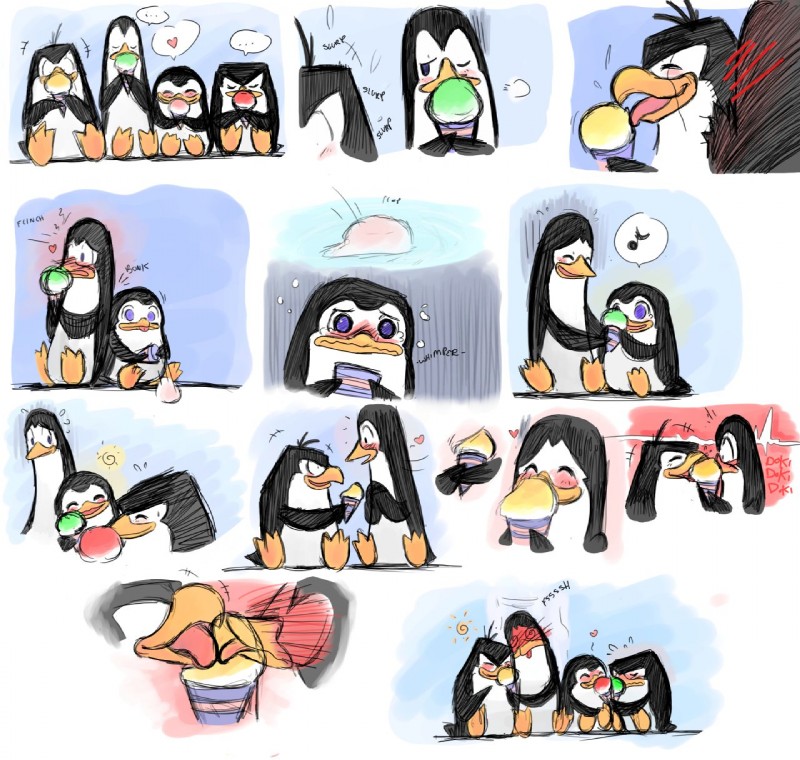 blush dessert feral food group kissing male male/male snow_cone tongue modestgliscor dreamworks madagascar_(series) the_penguins_of_madagascar kowalski_(madagascar) private_(madagascar) rico_(madagascar) skipper_(madagascar) adelie_penguin avian bird penguin comic hi_res