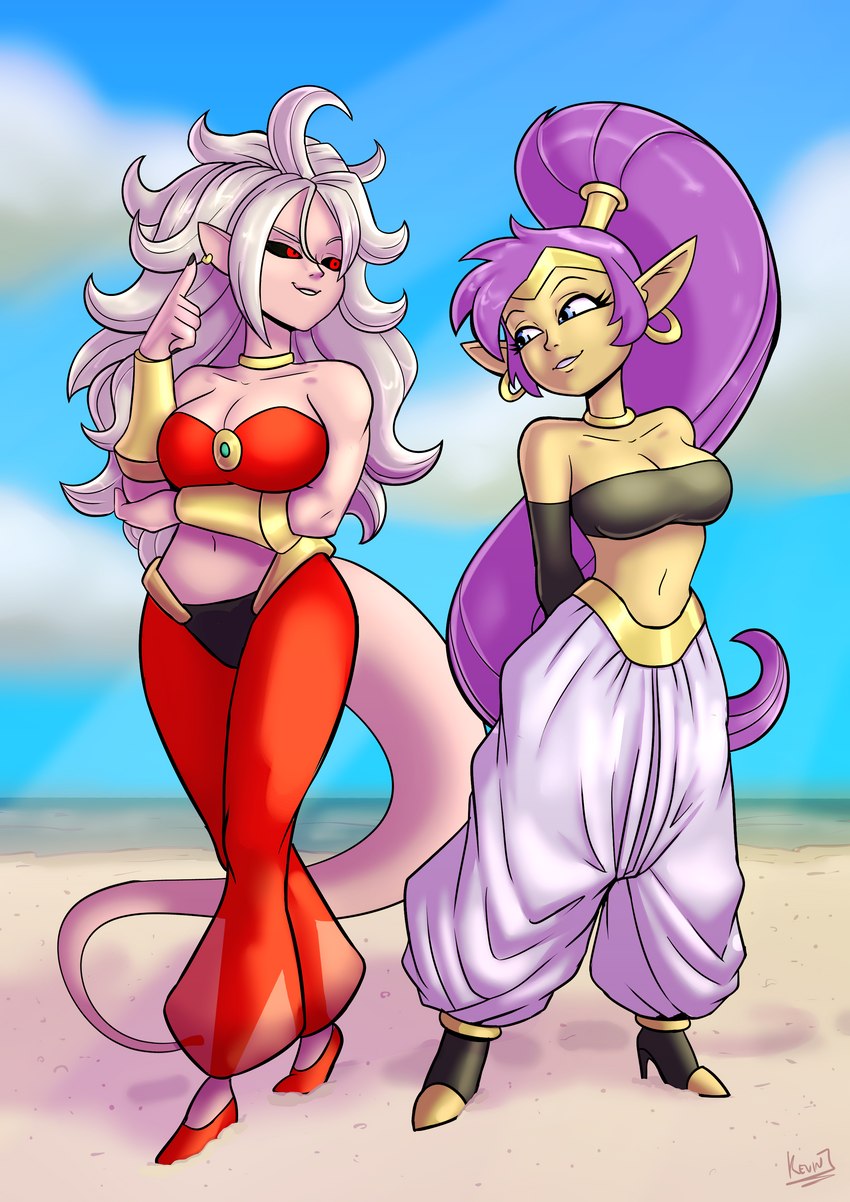 andoid_21 bandeau beach blue_eyes breasts cleavage clothed clothing cloud cosplay crossover_cosplay crown day duo ear_piercing ear_ring eye_contact female footwear hair headgear humanoid_pointy_ears looking_at_another not_furry piercing pink_body pink_skin pointy_ears ponytail purple_hair red_eyes ring_piercing sand seaside shoes sky smile tan_body tan_skin tiara topwear water white_hair kevintrentin dragon_ball dragon_ball_fighterz shantae_(series) wayforward majin_android_21 shantae alien alien_humanoid genie humanoid majin 2022 absurd_res crossover hi_res signature