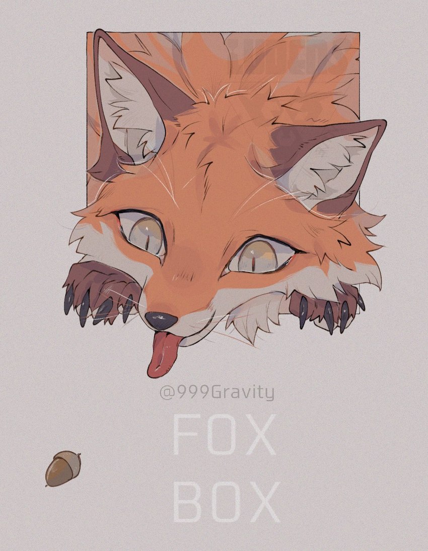 acorn ambiguous_gender claws feral food fruit fur inner_ear_fluff nut_(fruit) orange_body orange_fur paws plant simple_background solo text tongue tongue_out tuft whiskers yellow_eyes 999gravity canid canine fox mammal 2025 english_text hi_res signature