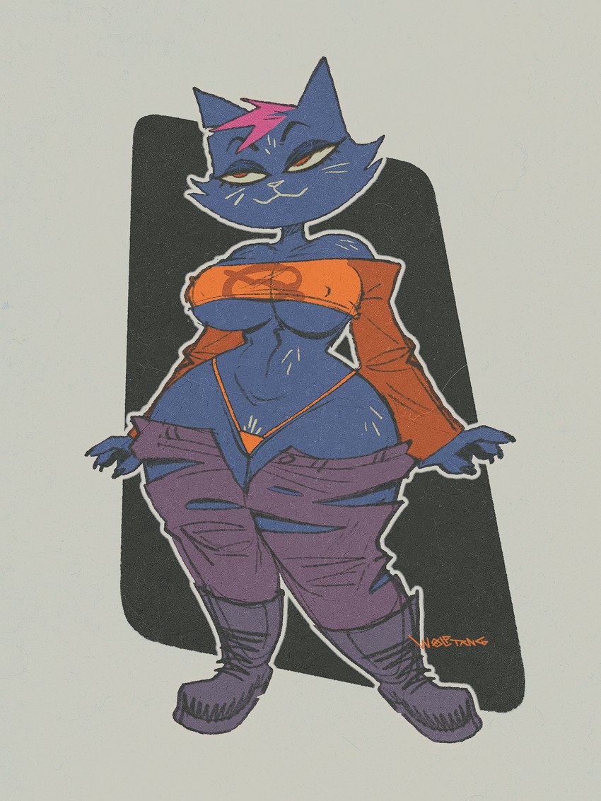 anthro anthrofied big_breasts biped blue_body boots bottomwear bottomwear_down breasts butt clothed clothing clothing_lift curvy_figure denim denim_bottomwear denim_clothing female fingers footwear front_view fur grin hair jeans narrowed_eyes navel notched_ear open_bottomwear open_clothing orange_clothing orange_shirt orange_topwear panties pants pants_down partially_clothed pink_hair pubes red_eyes shirt shirt_lift shoes simple_background smile solo standing teeth text thick_thighs topwear torn_bottomwear torn_clothing under_boob underwear voluptuous voluptuous_anthro voluptuous_female wide_hips wolftangart night_in_the_woods mae_borowski domestic_cat felid feline felis mammal 2023 3:4 artist_name digital_media_(artwork) full-length_portrait hi_res portrait