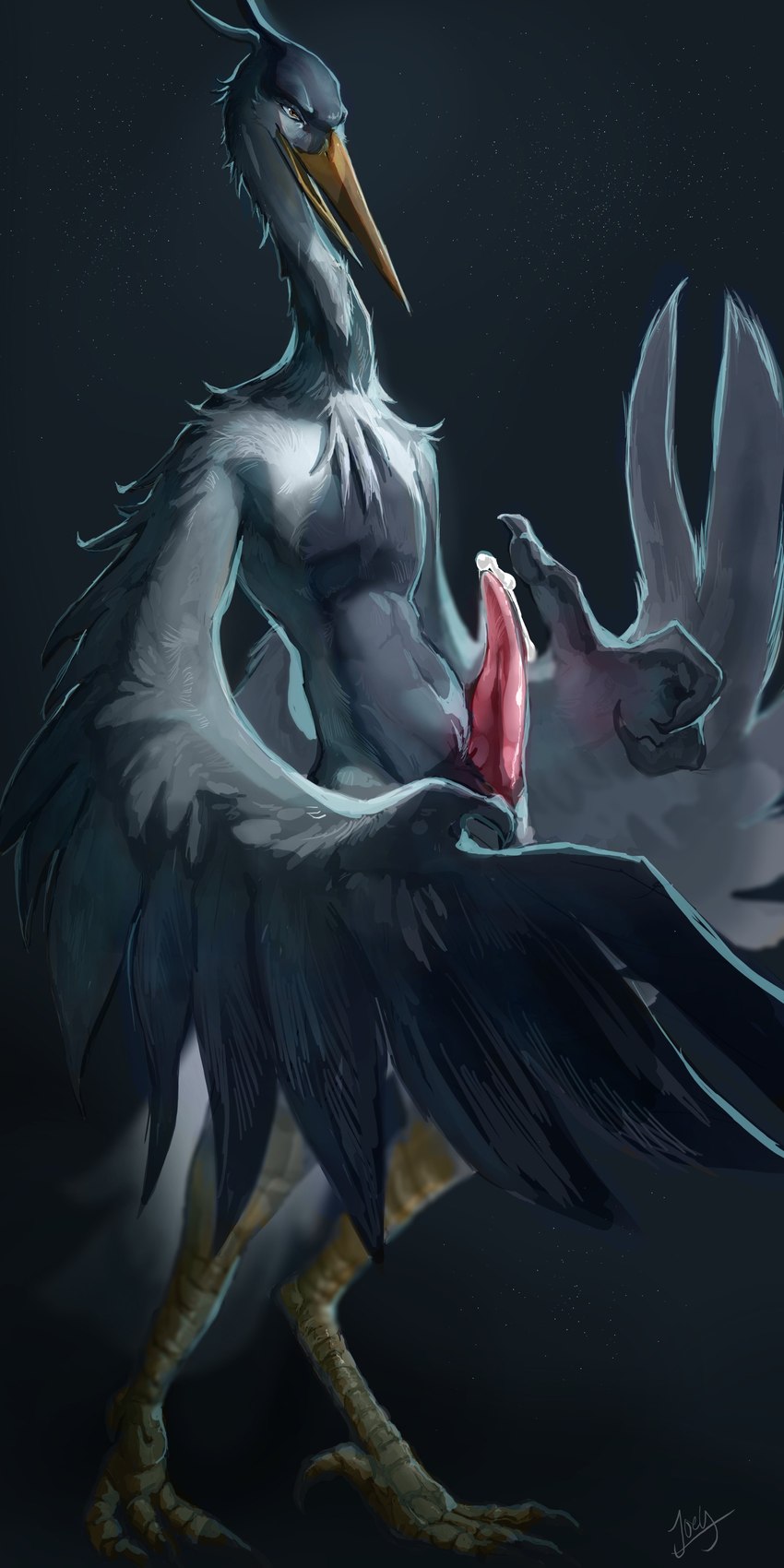 4_toes anisodactyl anthro avian_feet big_penis bodily_fluids claws cum cum_drip dripping erection feathered_wings feathers feet front_view genital_fluids genitals grey_body grey_feathers long_beak long_neck male nude penis skinny solo standing tall tapering_penis toe_claws toes winged_arms wings loudorangegatto blue_(computerheron) avian bird heron pelecaniform 1:2 absurd_res hi_res