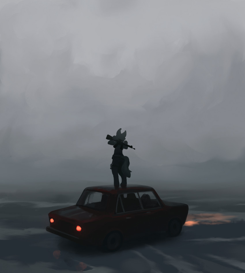 ambiguous_gender anthro car cloud cloudy_sky detailed_background fog gun headlights holding_gun holding_object holding_ranged_weapon holding_rifle holding_weapon motor_vehicle on_car ranged_weapon rear_view rifle sky solo standing standing_on_car toony_car vehicle weapon nule lada canid mammal hi_res