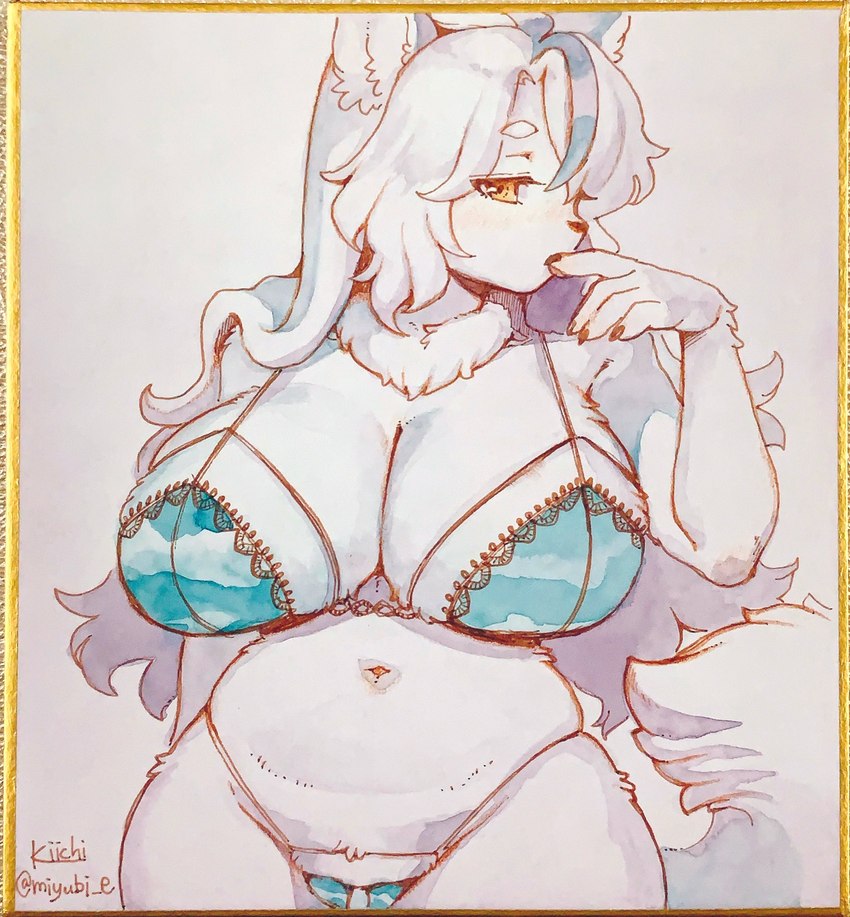 anthro big_breasts bikini blush breasts cleavage clothed clothing curvy_figure female finger_in_mouth fluffy fluffy_tail gold-rimmed_board hair kemono lingerie long_hair navel neck_tuft ornate_clothing physical_media solo swimwear tail tuft two-piece_swimsuit yellow_eyes kiichi canid canine mammal hi_res traditional_media_(artwork)