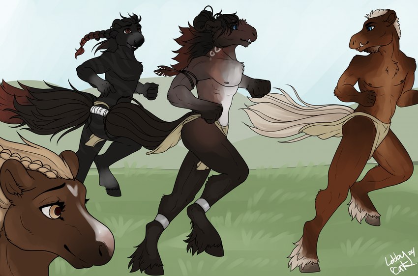 anthro biceps black_body black_hair blonde_hair bottomwear brown_body brown_hair clothed clothing dark_body female group hair hair_mane happy heart_(marking) legwear loincloth loincloth_only long_hair long_mane long_tail looking_at_another male markings muscular muscular_anthro muscular_male muscular_thighs native native_american orange_hair outside piercing race ring_piercing running smile tail tail_hair tail_mane tan_body thigh_highs topless tribe yellow_eyes lobby.cat cade_(lukka9090) lukka_(lukka9090) sienna_(lukka9090) triip_(lukka9090) equid equine felid feline horse lion mammal pantherine shifter hi_res