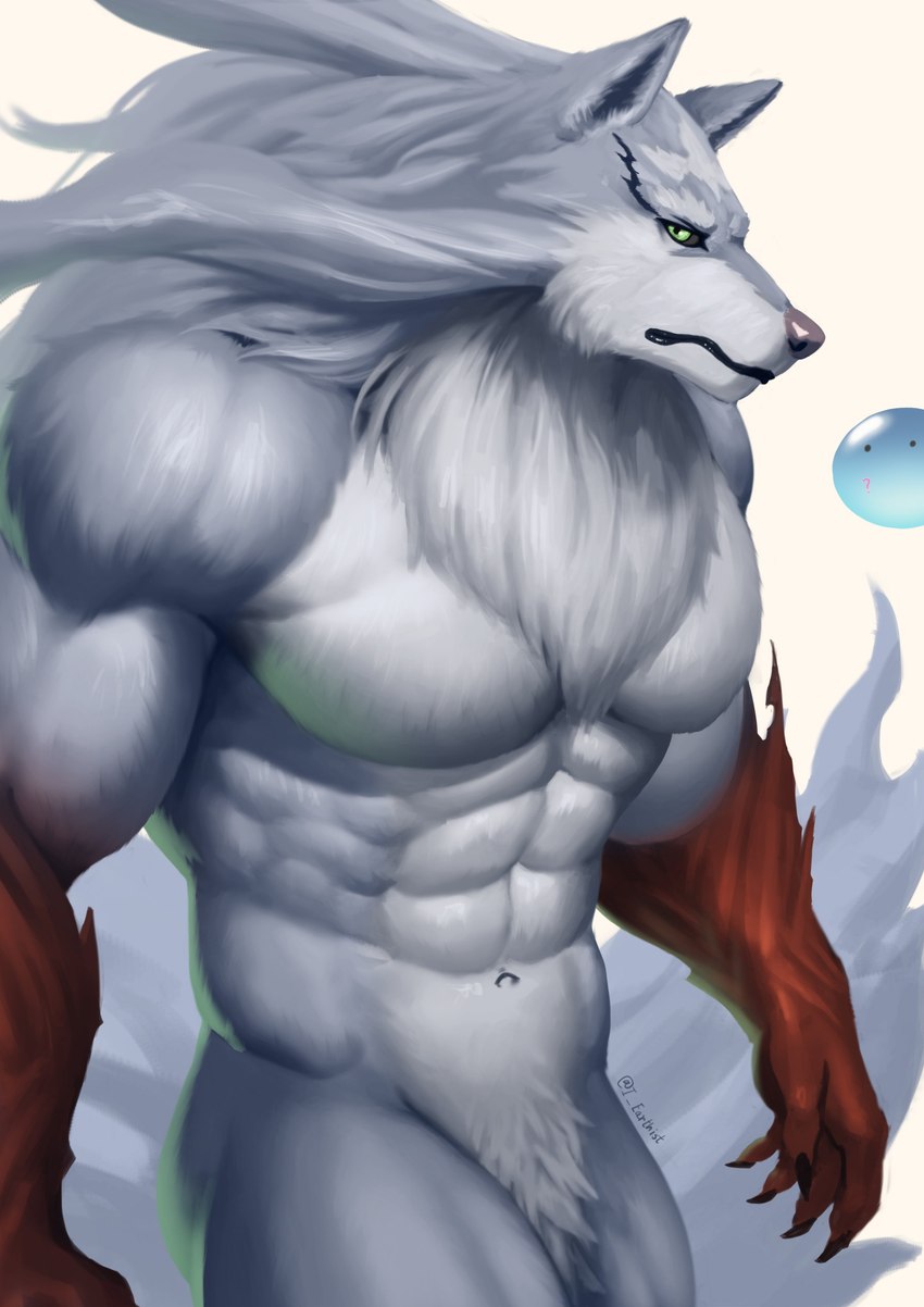 abs anthro arm_tuft big_muscles blue_body blue_fur featureless_crotch fluffy fluffy_chest fluffy_fur forearm_tuft forearms fur gloves_(marking) green_eyes male markings muscular muscular_anthro muscular_male question_mark red_body red_fur serratus solo tuft white_body white_fur earthist campfire_cooking_in_another_world_with_my_absurd_skill fel_(fenrir) sui_(slime) canid canine canis mammal slime_(blob) wolf 2023 absurd_res hi_res