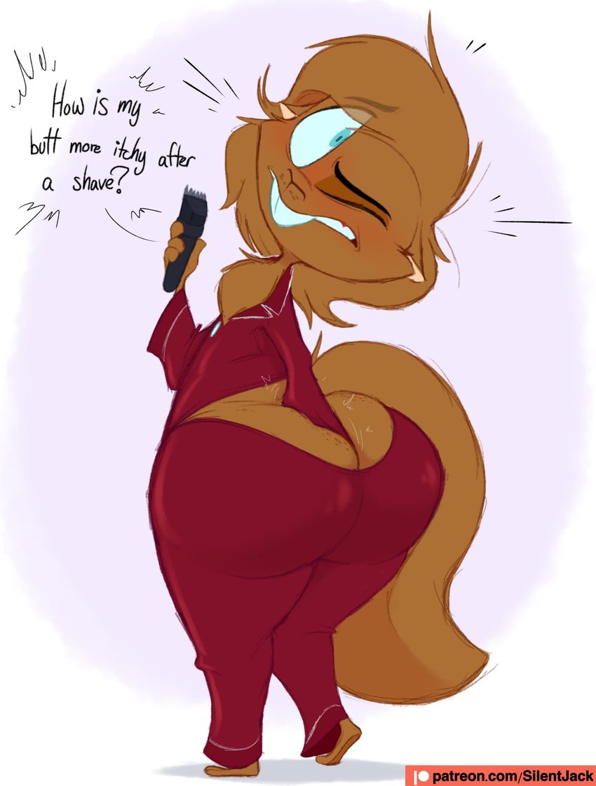 anthro big_butt big_tail blue_eyes blue_sclera brown_body brown_fur buckteeth butt butt_scratch clothing curvy_figure dialogue digging_into_butt electric_razor electronics freckled_butt freckles fur hand_in_butt itch itching male pajamas razor scratching scratching_butt simple_background solo tail teeth text tools voluptuous voluptuous_male white_background silentjack yeah_i_have_a_type_(meme) nathan_gottbehuet mammal rodent sciurid tree_squirrel english_text hi_res