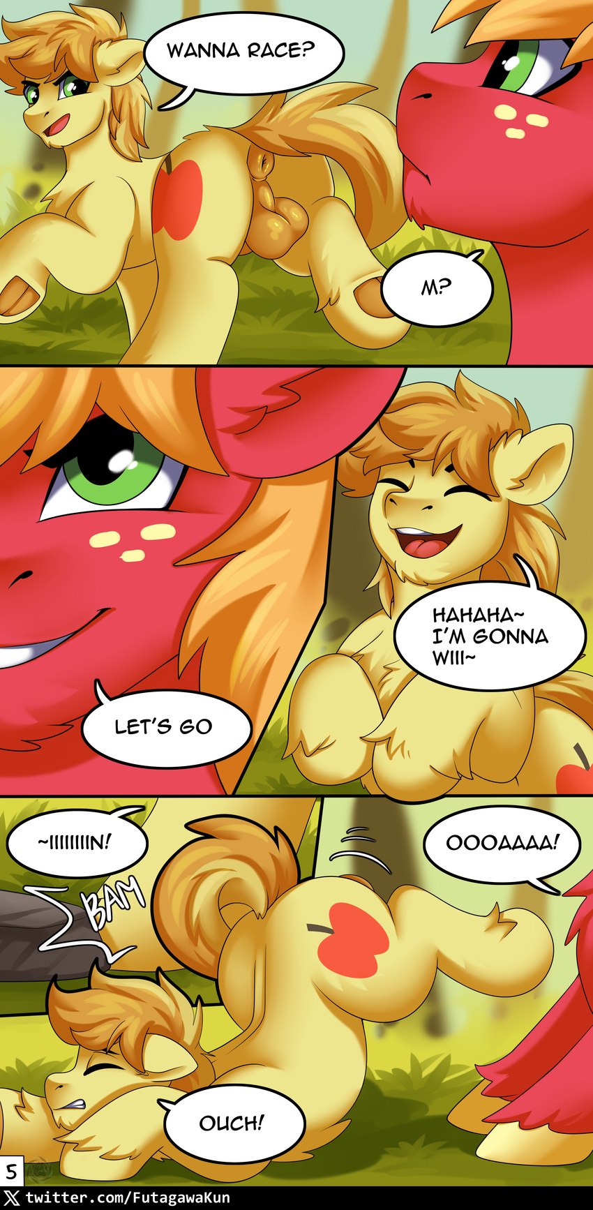 animal_genitalia anus balls cutie_mark dialogue duo equine_anus feral fully_sheathed genitals male male/male puffy_anus sheath speech_bubble text fkk friendship_is_magic hasbro my_little_pony big_macintosh_(mlp) braeburn_(mlp) earth_pony equid equine horse mammal pony absurd_res comic digital_media_(artwork) english_text hi_res url cousins_(lore)