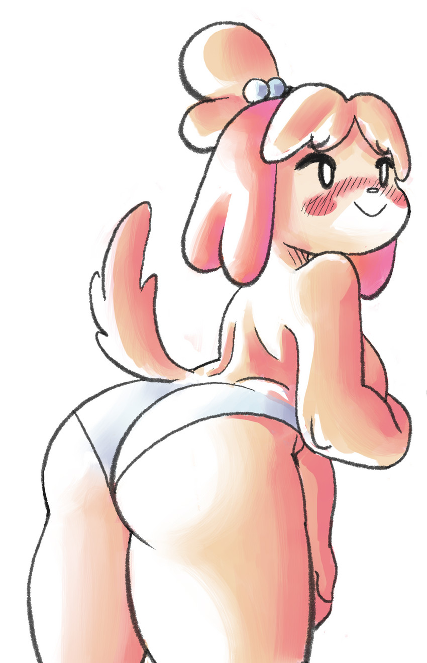 anthro blush blush_lines breasts butt butt_focus clothing covering covering_breasts female fur nervous panties rear_view side_boob simple_background smile solo underwear white_background yellow_body yellow_fur panthera_cantus animal_crossing nintendo isabelle_(animal_crossing) canid canine canis domestic_dog mammal colored hi_res