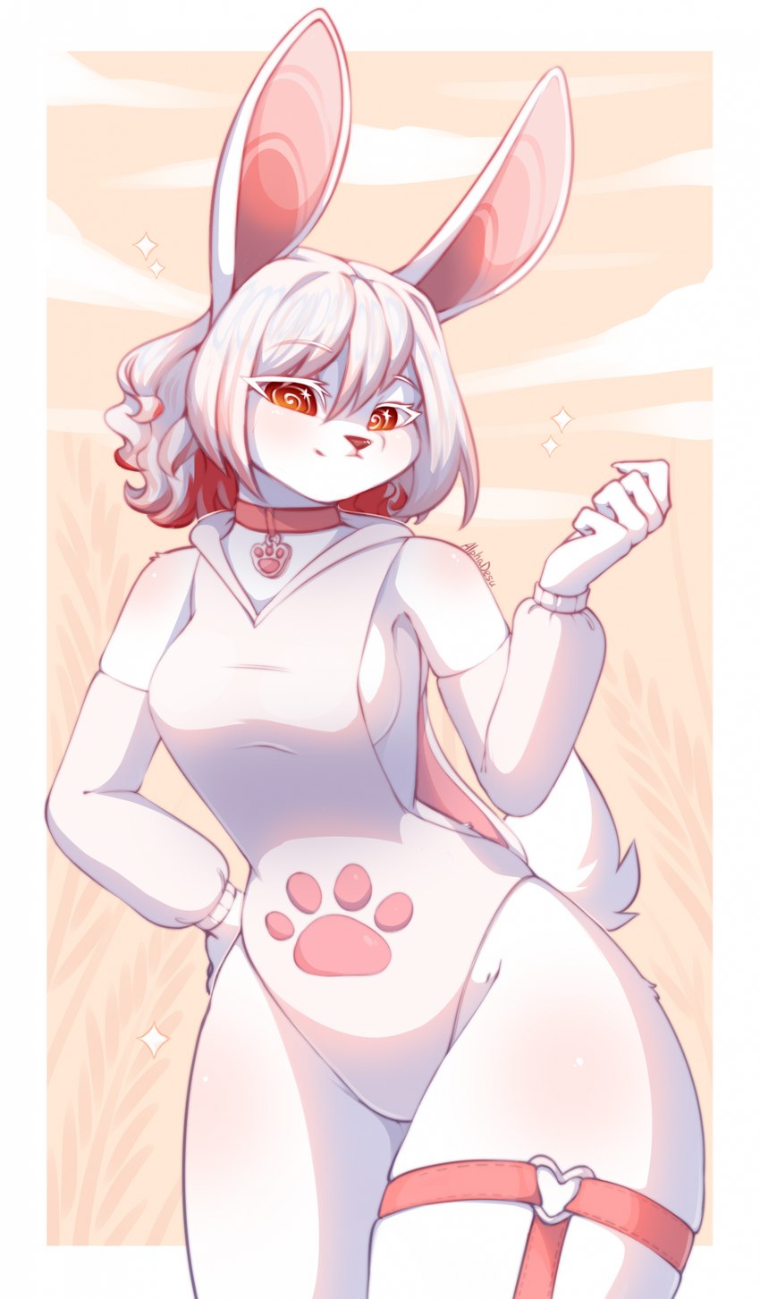 anthro breasts choker clothed clothing eyebrows female fingers fur jewelry necklace side_boob simple_background solo thick_thighs white_body white_fur alphadesu ima_(imabunbun) lagomorph leporid mammal rabbit 2023 absurd_res digital_media_(artwork) hi_res