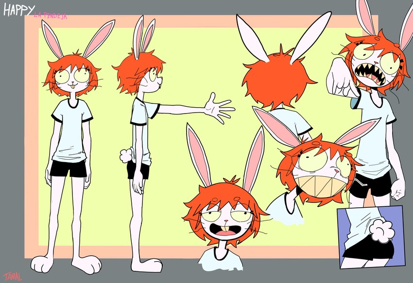 3_toes 5_fingers anthro big_eyes big_teeth bottomwear buckteeth butt butt_shot clothing cotton_tail cutaway eyelashes feet female fingers front_view gesture goofy_smile grin hair hand_gesture long_ears no_sclera orange_hair paws red_nose shirt short_hair shorts side_view simple_background smile solo tail teeth teeth_showing text toes topwear whiskers white_body yellow_sclera tamal happy_(tamal) lagomorph leporid mammal rabbit 2023 absurd_res artist_name character_name colored hi_res model_sheet signature translated