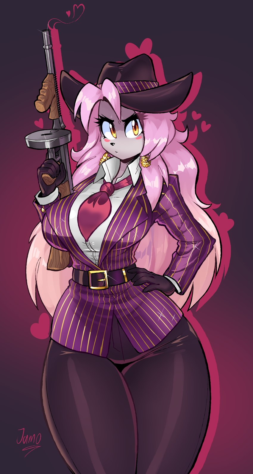 anthro bad_trigger_discipline big_breasts blush blush_stickers bottomwear breasts clothing ear_piercing ear_ring female gun hand_on_hip heart_symbol jacket kerchief neckerchief neckwear pants pattern_clothing pattern_jacket pattern_topwear piercing ranged_weapon ring_piercing solo striped_clothing striped_jacket striped_topwear stripes submachine_gun suit thompson_gun topwear weapon wide_brim_hat jamoart helene_marilyn cricetid hamster mammal rodent 2024 absurd_res hi_res