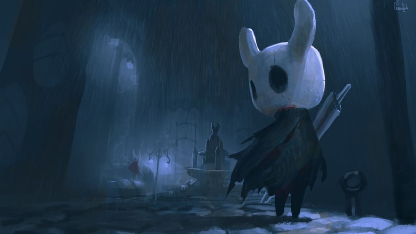 2_horns ambiguous_gender black_eyes black_legs cloak clothing detailed_background duo featureless_feet feet female horn lamp looking_at_another looking_back mouthless noseless outside raining sculpture shadow statue street_lamp text weapon weapon_on_back gamgyuls hollow_knight team_cherry hornet_(hollow_knight) the_knight_(hollow_knight) arthropod vessel_(species) artist_name detailed english_text hi_res nonbinary_(lore)