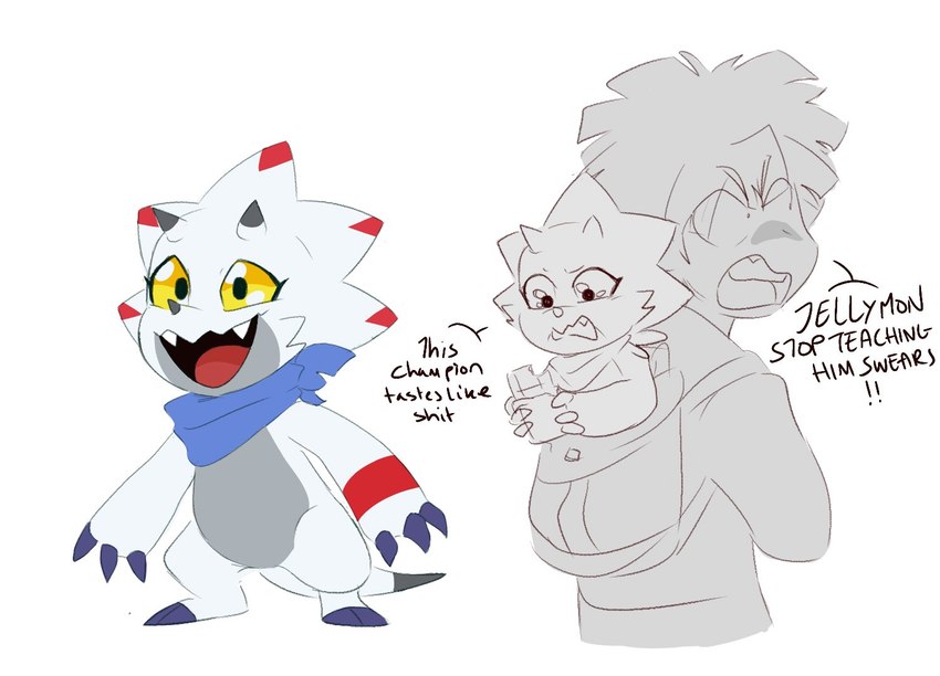 anthro claws duo horn humor kerchief male neckerchief neckwear profanity white_body yellow_eyes tinypwbble bandai_namco digimon digimon_ghost_game hiro_amanokawa digimon_(species) gammamon human mammal