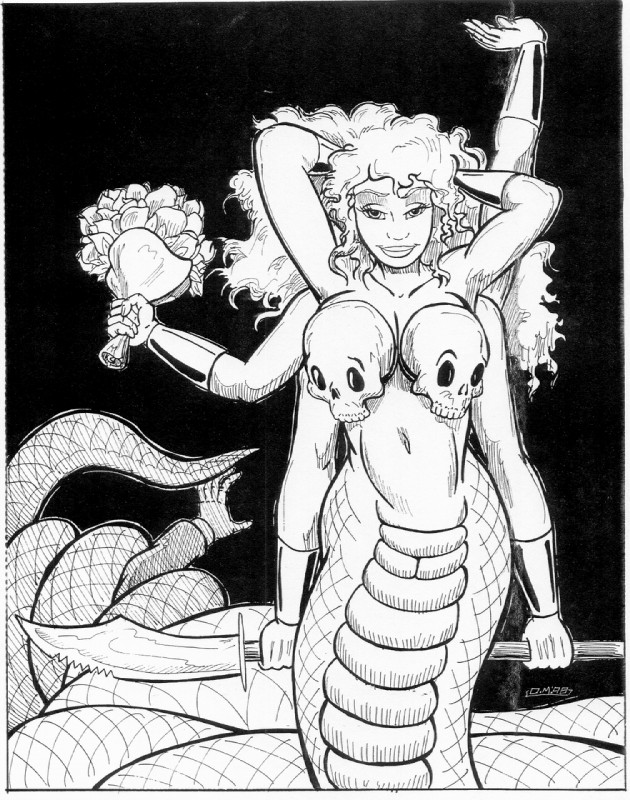 6_arms anthro armor bedroom_eyes big_breasts blonde_hair bone bouquet bracers breasts coiling curled_hair duo female flower guan_dao hair half-closed_eyes holding_flower holding_object long_hair looking_at_viewer melee_weapon multi_arm multi_limb narrowed_eyes navel non-mammal_breasts plant polearm seductive skull skull_bra skull_pasties smile solo_focus weapon oscar_marcus demon humanoid marilith scalie 1998 greyscale monochrome