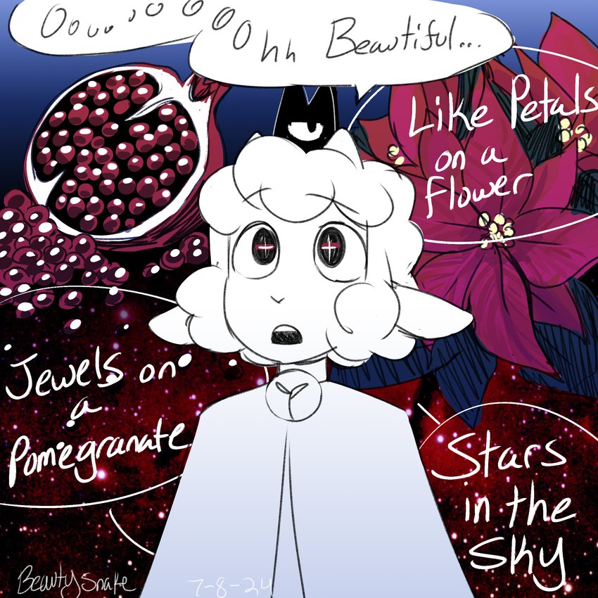 anthro bell bell_collar collar dialogue flower fur plant pomegranate solo speech_bubble text wool_(fur) beauty_snake cult_of_the_lamb massive_monster_(studio) lamb_(cult_of_the_lamb) bovid caprine mammal sheep 1:1 2024 absurd_res comic digital_media_(artwork) english_text hi_res