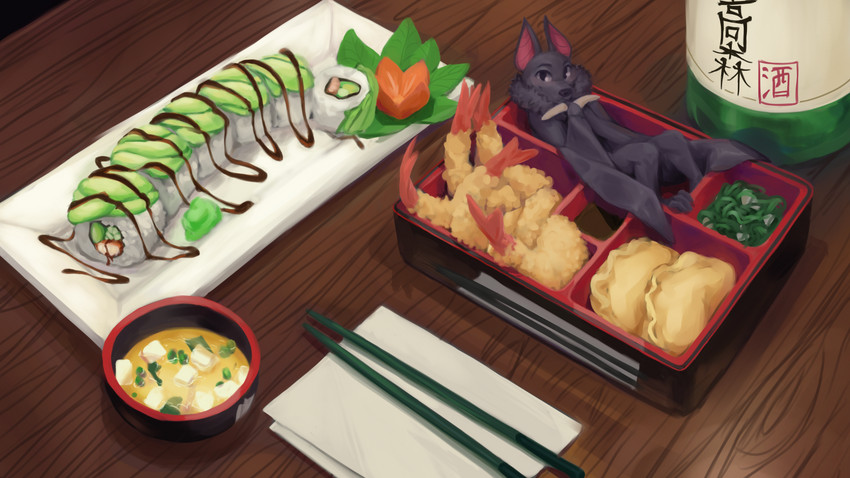 alcohol ambiguous_gender anthro bat_wings bento_box beverage black_body black_fur blush bottle chopsticks comically_large_object container crossed_arms detailed_background detailed_food dumplings food fur furniture looking_at_viewer lying membrane_(anatomy) membranous_wings micro napkin nude on_back rice sake shrimp_(food) smile solo sushi table text wings ittybittykittytittys deke_(ittybittykittytittys) bat mammal megabat 16:9 2020 4k absurd_res detailed digital_media_(artwork) hi_res japanese_text widescreen