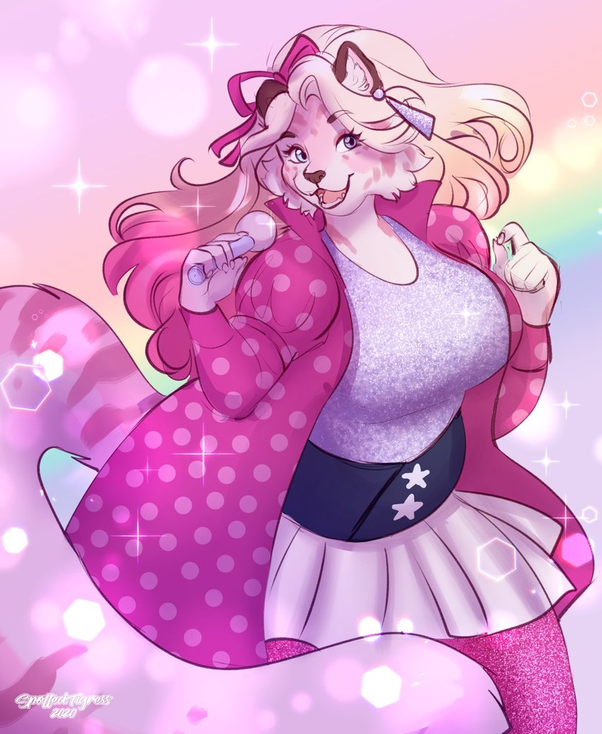 anthro blonde_hair blue_eyes cheek_tuft clothed clothing dress eyelashes facial_tuft female front_view fur gradient_hair hair inner_ear_fluff legwear multicolored_hair open_clothing open_mouth open_smile open_topwear overweight overweight_anthro overweight_female pink_body pink_clothing pink_fur pink_hair pink_legwear pink_topwear purple_clothing purple_dress smile solo standing topwear tuft two_tone_hair white_body white_fur white_inner_ear_fluff tiggybloom marzipan_(spottedtigress) felid mammal pantherine tiger 2020 artist_name dated hi_res portrait three-quarter_portrait