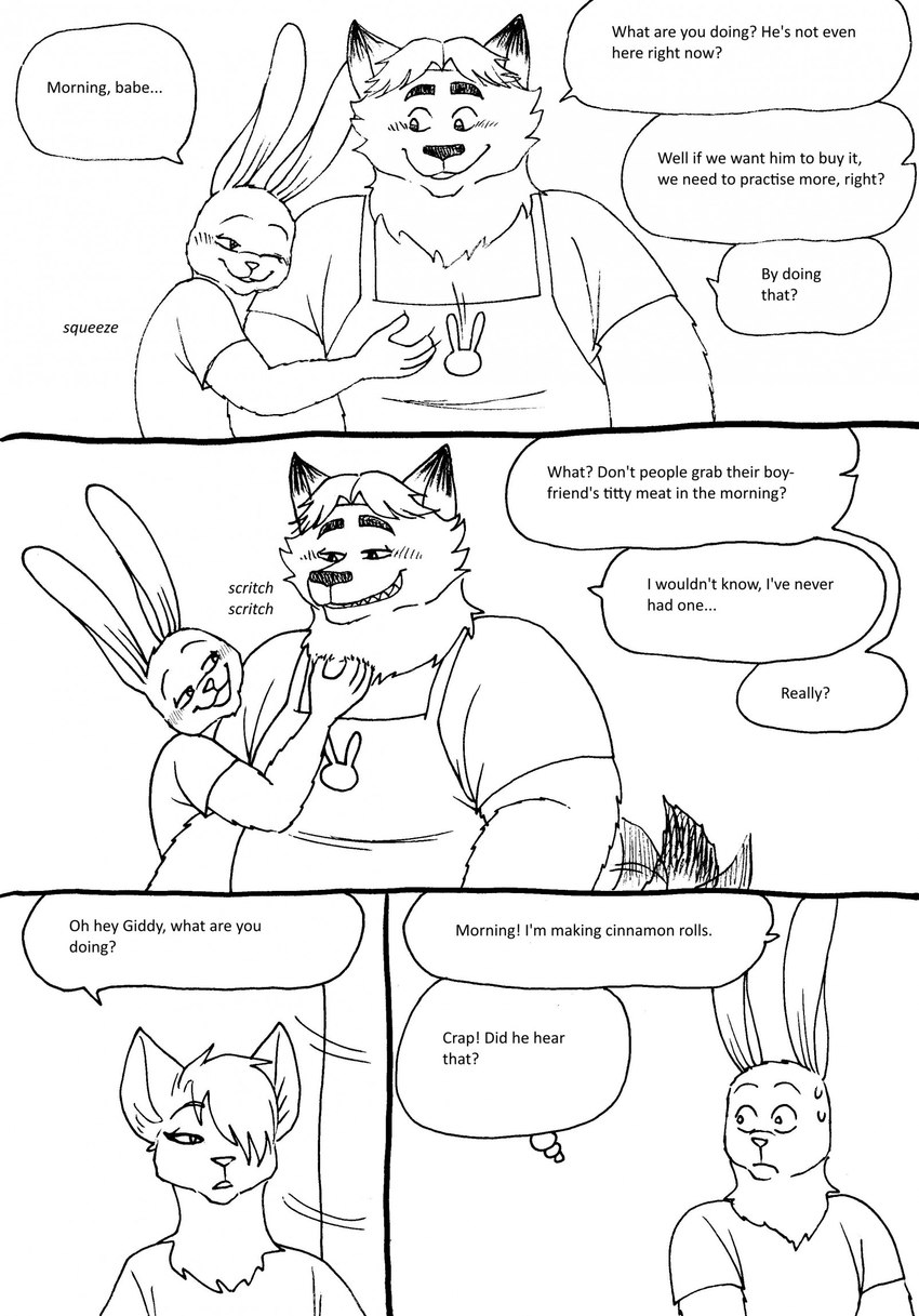 anthro apron biped blush bodily_fluids clothing dialogue hug male male/male overweight overweight_male scratching scratching_neck speech_bubble sweat tail tail_motion tailwag teasing text bernielover disney zootopia fan_character gideon_grey nate_hopps canid canine fox lagomorph leporid mammal rabbit red_fox true_fox 2023 comic english_text hi_res monochrome