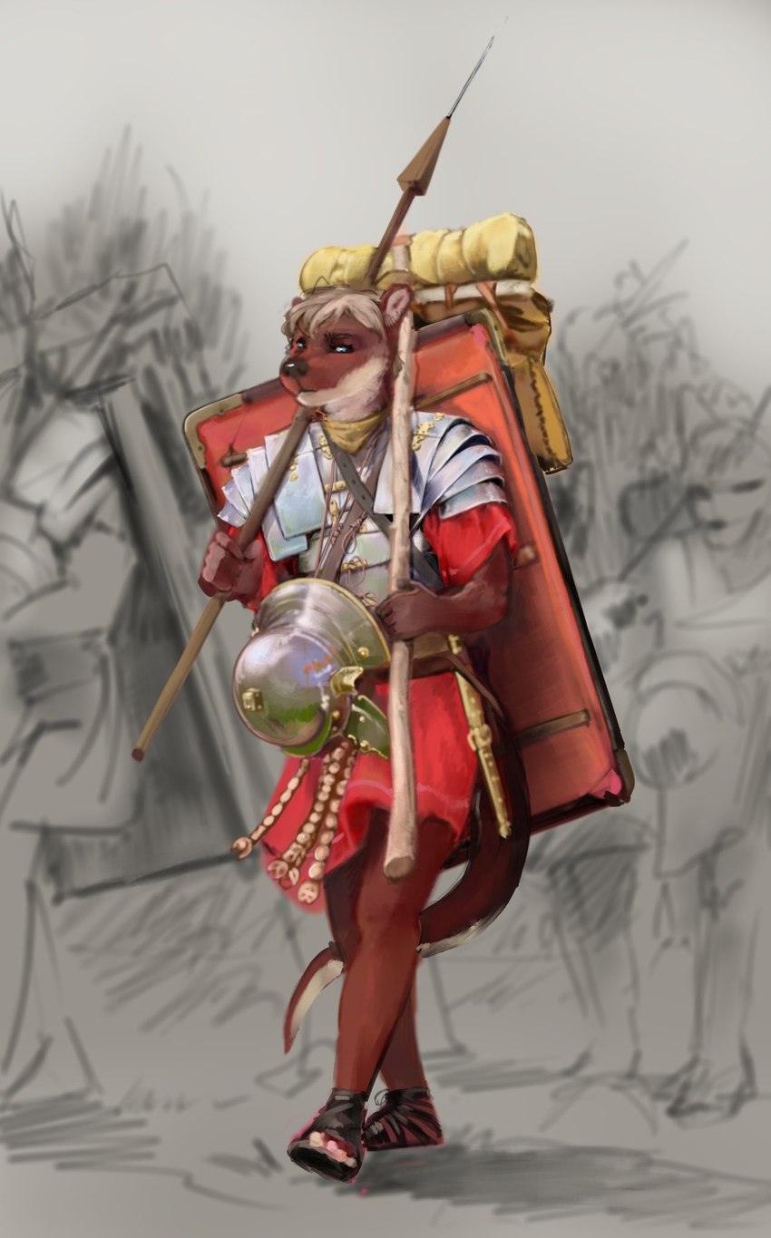 anthro armor army bag bindle bindle_stick chest_armor hair headgear helmet holding_melee_weapon holding_object holding_polearm holding_spear holding_weapon looking_aside male melee_weapon plate_armor polearm roman shield solo_focus spear stick walking weapon banoncat mammal mustelid otter 2023 hi_res