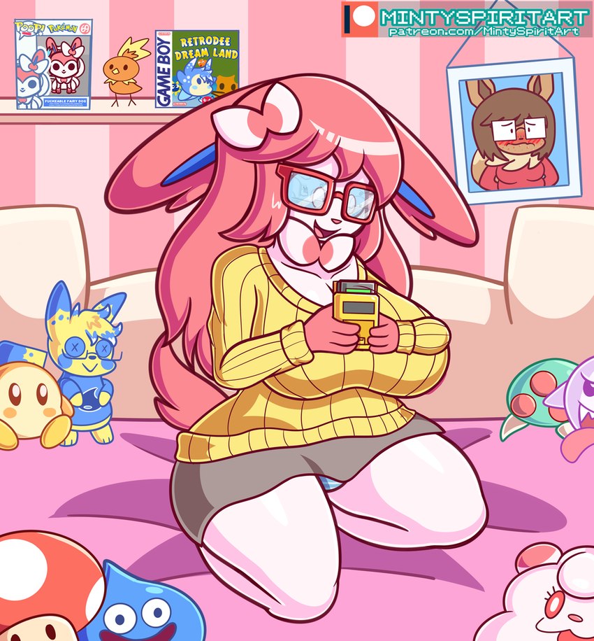 anthro bed belly big_breasts big_butt blue_sclera bottomwear breasts butt clothing ears_down eyewear female fungus fur furniture gaming glasses hair happy legwear markings mushroom open_mouth panties photo pink_bed pink_hair pink_nose pink_stockings pivoted_ears playing_video_game plushie red_eyewear red_glasses reflection skirt slightly_chubby smile solo stockings sweater thick_thighs topwear toy underwear white_body white_eyes white_fur wide_hips yellow_clothing yellow_sweater yellow_topwear mintyspirit dragon_quest funko_pop! game_boy_color game_boy_family kirby_(series) mario_bros metroid nintendo pokemon square_enix endless_fantasy_(mintyspirit) fan_character javisylveon_(mintyspirit) retrochu boo_(mario) eevee eeveelution generation_1_pokemon generation_3_pokemon generation_6_pokemon pikachu pokemon_(species) slime_(dragon_quest) swirlix sylveon torchic waddle_dee 2022 digital_media_(artwork) watermark