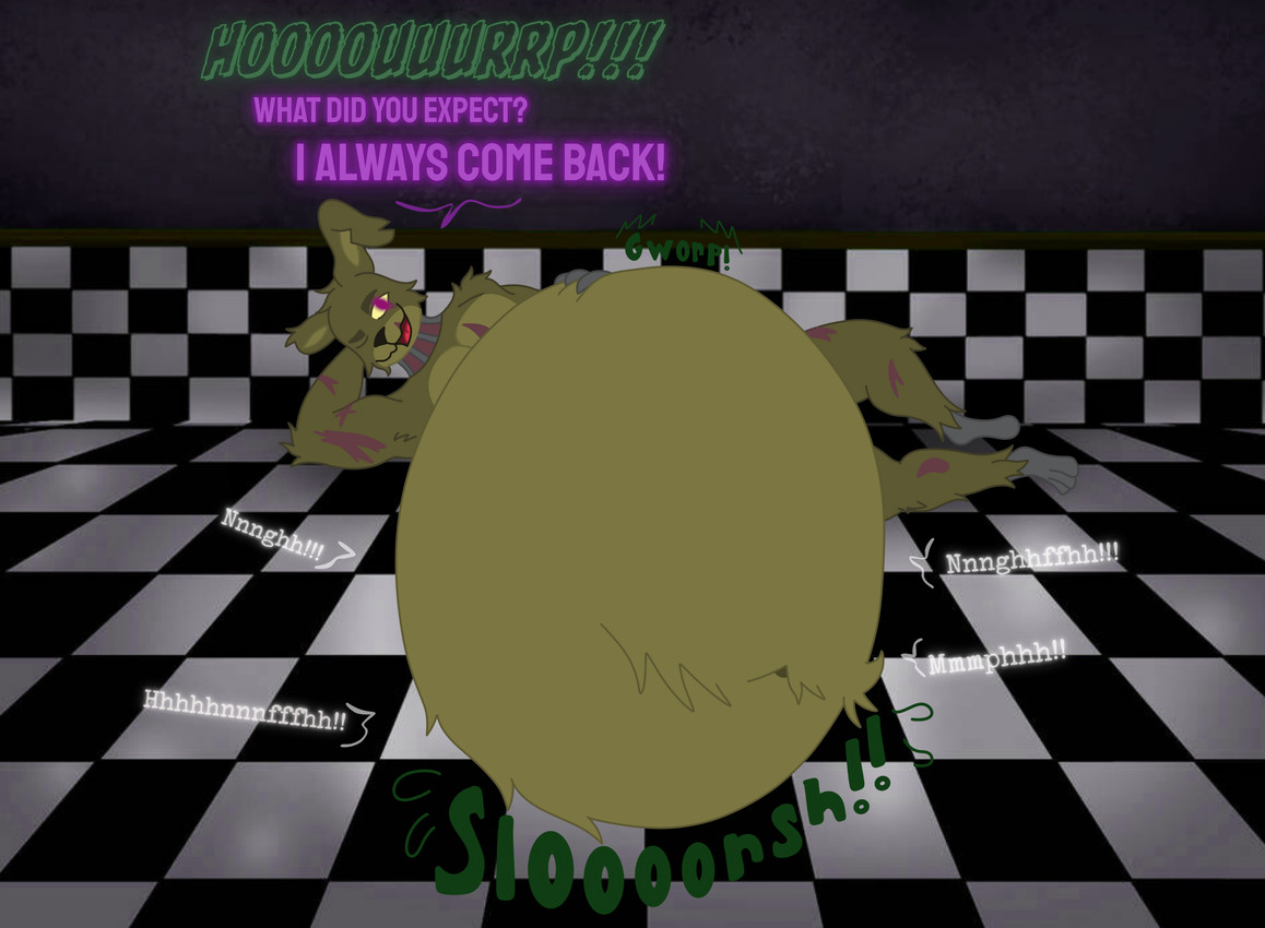 abdominal_bulge ambiguous_gender ambiguous_prey anthro anthro_pred arm_tuft armpit_tuft belly belly_tuft big_belly bulge burping burping_while_talking catchphrase checkered checkered_background checkered_floor cheek_tuft cruel_pred cut_ears detailed_background dialogue digestion digestion_noises dominant dominant_male ear_tuft elbow_tuft facial_tuft front_view fur gloating glorp green_body green_fur group hand_on_belly hand_on_head head_tuft huge_belly leg_tuft looking_at_viewer lying lying_on_ground machine male male_pred mature_male mph! muffled muffled_scream muffled_screaming muffled_sounds muffled_speech multiple_prey navel navel_tuft obese obese_anthro obese_male offscreen_character on_ground on_side one_eye_closed onomatopoeia overweight overweight_anthro overweight_male pattern_background pecs pose purple_eyes purple_text reclining reclining_pose robot_pred rumbling_stomach same_size_vore satisfaction satisfied satisfied_look scar scars_all_over shoulder_tuft simple_background slorsh slosh sloshing sloshing_belly smug smug_expression smug_eyes smug_face smug_grin solo sound_effects talking_to_another teasing text tuft underbelly unseen_prey vore white_text willing_pred wink winking_at_viewer mandro22 five_nights_at_freddy's five_nights_at_freddy's_3 scott_cawthon scottgames springtrap_(fnaf) william_afton_(fnaf) animatronic lagomorph leporid mammal rabbit robot robot_anthro absurd_res digital_media_(artwork) hi_res pinup