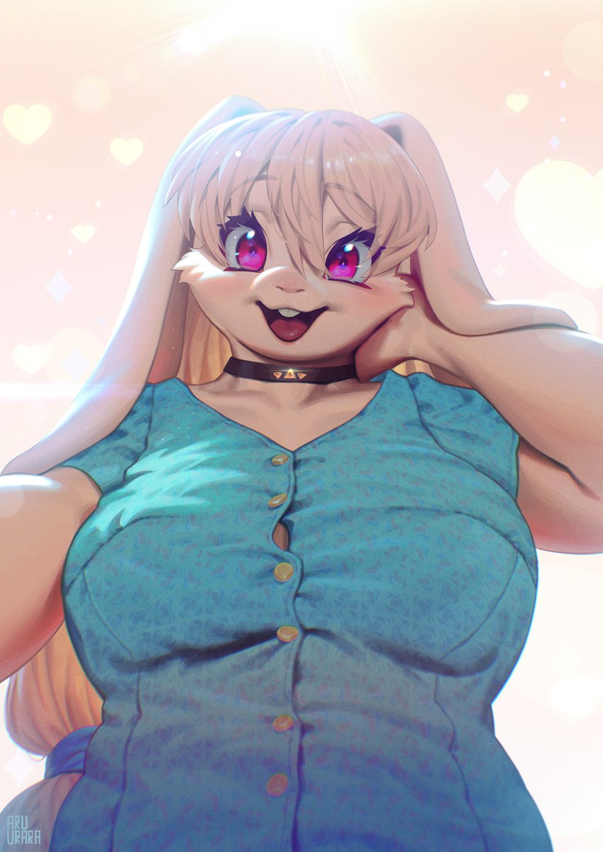 anthro breasts clothed clothing dress_shirt female female_anthro fully_clothed jewelry kemono looking_at_viewer looking_down looking_down_at_viewer low-angle_view necklace shirt solo topwear aruurara sophia_(aruurara) lagomorph leporid mammal rabbit 2022 digital_media_(artwork) half-length_portrait hi_res portrait