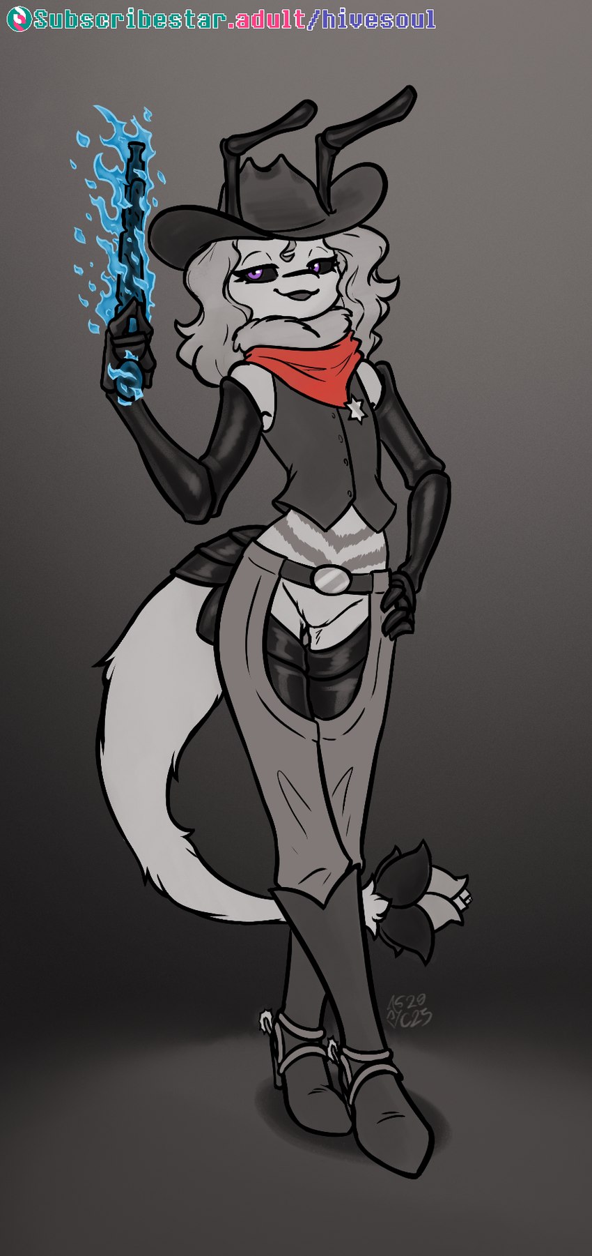 antennae_(anatomy) anthro badge biped black_sclera blue_fire boots chaps clothed clothed_anthro clothed_female clothing colored_fire cowboy cowboy_boots cowboy_hat exoskeleton eyelashes featureless_crotch female female_anthro fire footwear fur furgonomics gun hair half-closed_eyes hand_on_hip hand_on_own_hip handgun hat headgear headwear high_heeled_boots high_heels holding_gun holding_handgun holding_object holding_pistol holding_ranged_weapon holding_weapon kerchief long_hair narrowed_eyes neckerchief neckwear open_mouth pistol plantigrade pupils purple_eyes ranged_weapon red_kerchief red_neckerchief ruff sheriff_badge shoes snout solo spurs standing tail tail_clothing thick_tail topwear vest weapon soulcentinel violet_echo arthropod insect morsectuum 2025 dated hi_res signature spot_color