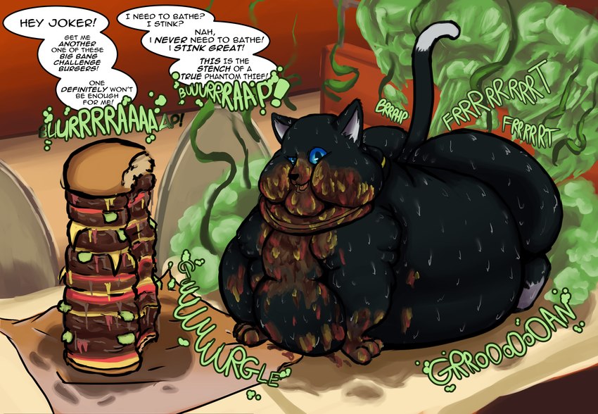 bad_breath belly belly_on_ground big_butt black_body black_fur blue_eyes bodily_fluids breath burger burping butt chubby_cheeks collar double_chin fart fart_cloud fart_fetish feral food food_stains fur grease looking_at_viewer male morbidly_obese morbidly_obese_feral morbidly_obese_male obese obese_feral obese_male overweight overweight_feral overweight_male raised_tail restaurant rotten_teeth rumbling_stomach slob smelly solo stain stench sweat sweaty_butt tail teeth text white_body white_fur yellow_collar yellow_teeth theelpida persona_(series) persona_5 morgana_(persona) domestic_cat felid feline felis mammal colored english_text hi_res shaded