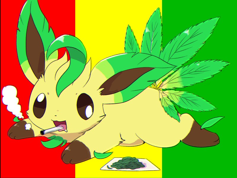 ambiguous_gender bodily_fluids derp_eyes drooling drugs feral flag fur guinea_(country) guinean_flag lying marijuana on_front open_mouth pan-african_colors plant saliva simple_background smile smoke smoking solo stoned substance_intoxication kemoribbon nintendo pokemon eeveelution elemental_creature flora_fauna generation_4_pokemon leafeon mammal pokemon_(species) 4:3 hi_res