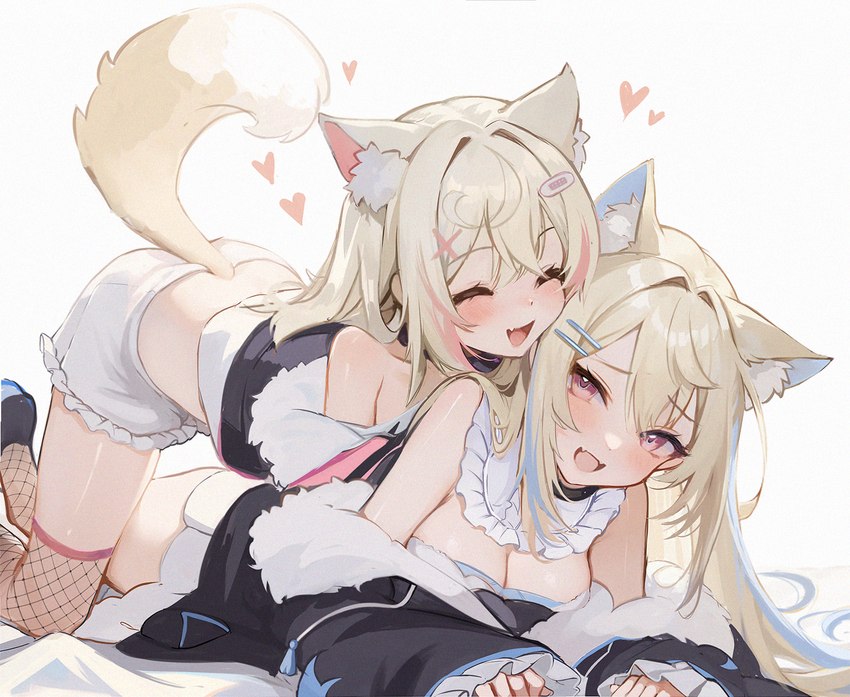 bottomwear breasts cleavage clothed clothing duo female fishnet_clothing fishnet_legwear fur hair inner_ear_fluff legwear tongue tuft koahri hololive hololive_en vtuber fuwawa_abyssgard mococo_abyssgard animal_humanoid canid canid_humanoid canine canine_humanoid dog_humanoid humanoid mammal mammal_humanoid 2023 hi_res sibling_(lore) sister_(lore) sisters_(lore) twins_(lore)