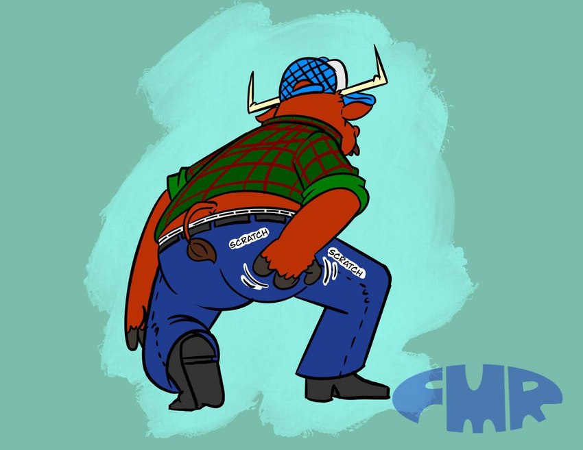 anthro black_boots black_clothing black_footwear blue_bottomwear blue_clothing blue_hat blue_headwear blue_jeans blue_pants boots bottomwear brown_body brown_fur butt checked_shirt clothed clothing denim denim_bottomwear denim_clothing detailed_background facial_hair footwear fully_clothed fur green_background green_clothing green_shirt green_topwear hat headgear headwear horn jeans male mustache pants presenting presenting_hindquarters red_clothing red_shirt red_topwear scratching_butt shirt shoes simple_background solo topwear underwear white_clothing white_hat white_headwear white_underwear foxmanad bovid bovine cattle mammal signature