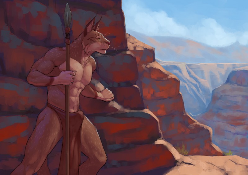 anthro athletic athletic_anthro athletic_male biped bottomwear bulge canyon clothing detailed_background ear_tuft fur leaning leaning_forward loincloth looking_aside male melee_weapon outside polearm red_body red_fur sky solo spear standing tan_body tan_fur tuft weapon white_body white_fur kaynine microsoft the_elder_scrolls lomethoron felid khajiit mammal 2019 digital_media_(artwork) hi_res